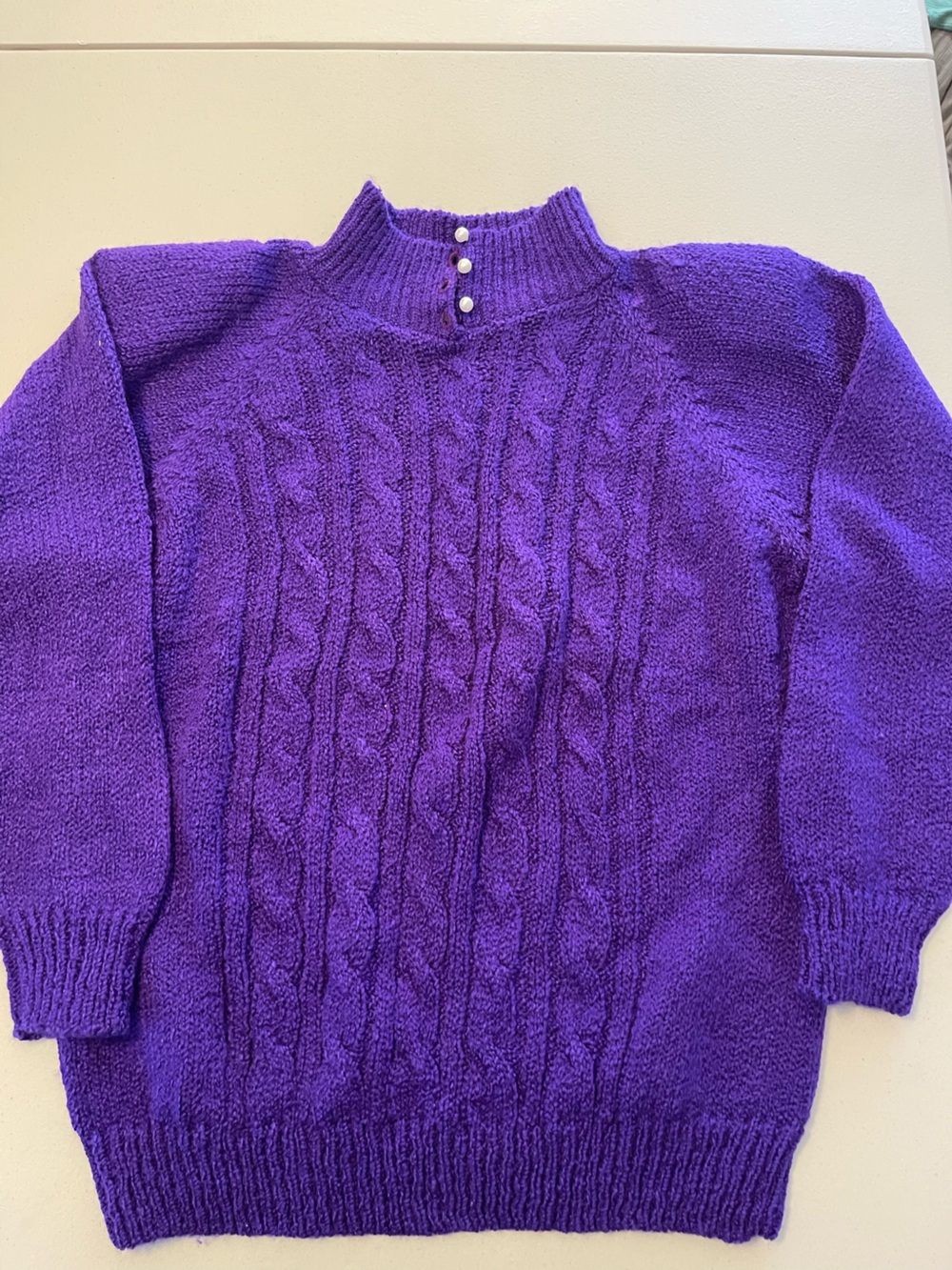 Women’s Purple Cable Turtleneck Sweater with Pearl Buttons